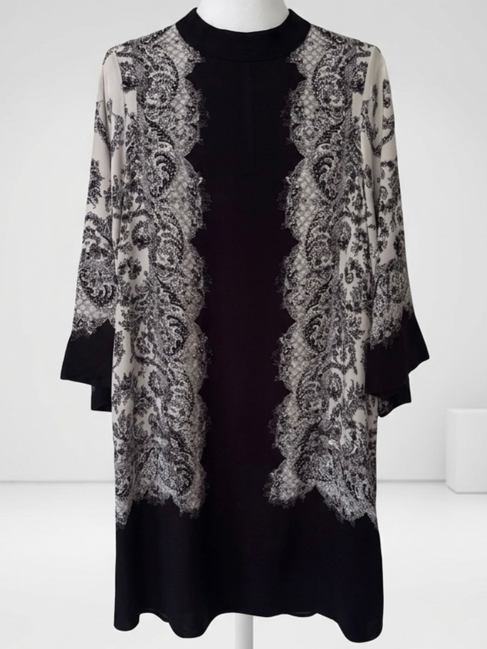 H&M| Black & Ivory Silky Lace & Paisley Print Tunic Dress w/Kimono Sleeves Sz 6